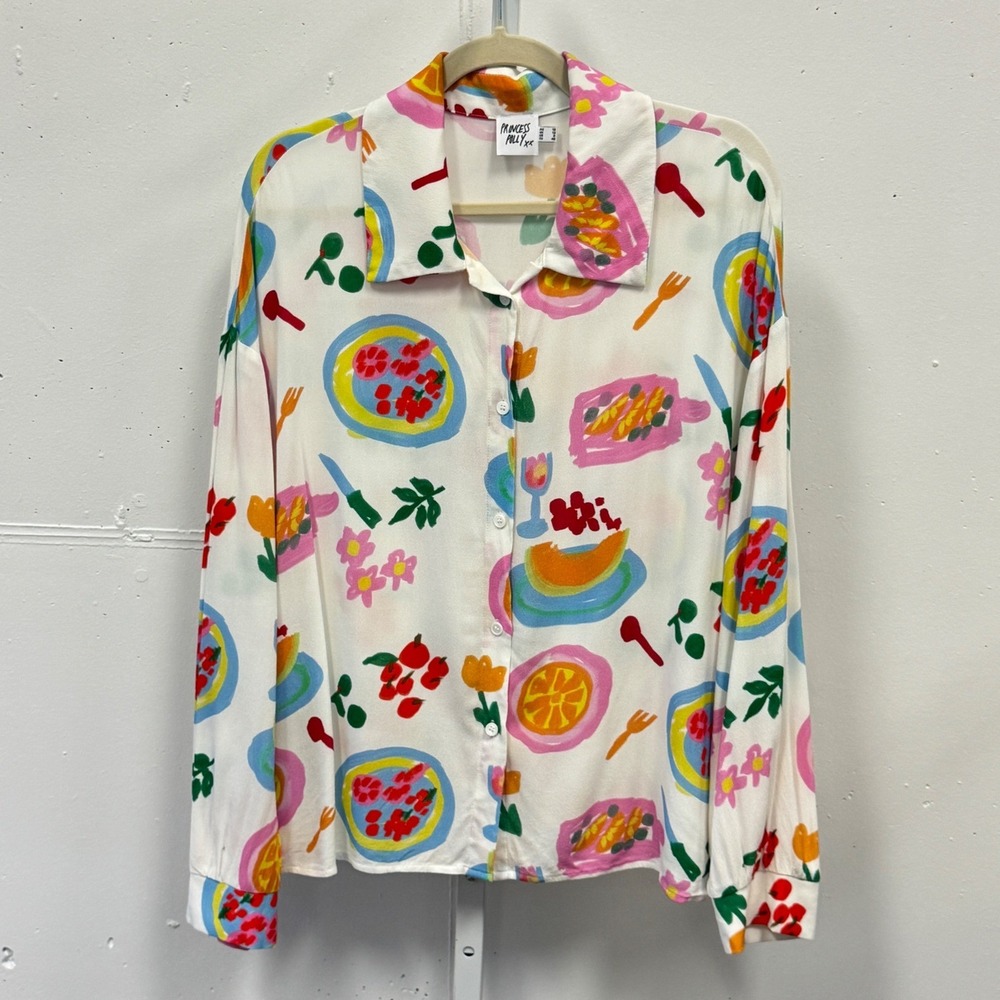 Princess Polly Food Print Button Up Shirt Womens 8 White Viscose PD01212004EC